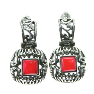 Sterling Silver and Red Stone Old World Earrings