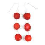 Three Stone Red Coral Drop Earrings
