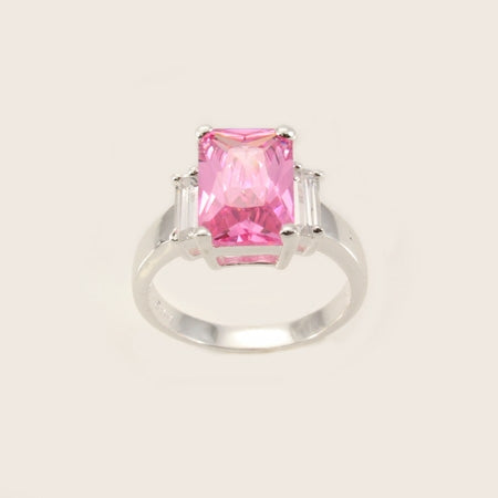 Large Simple Tier Pink CZ Sterling Silver Ring