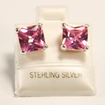 Faceted Pink Ice CZ Square Stud Earrings